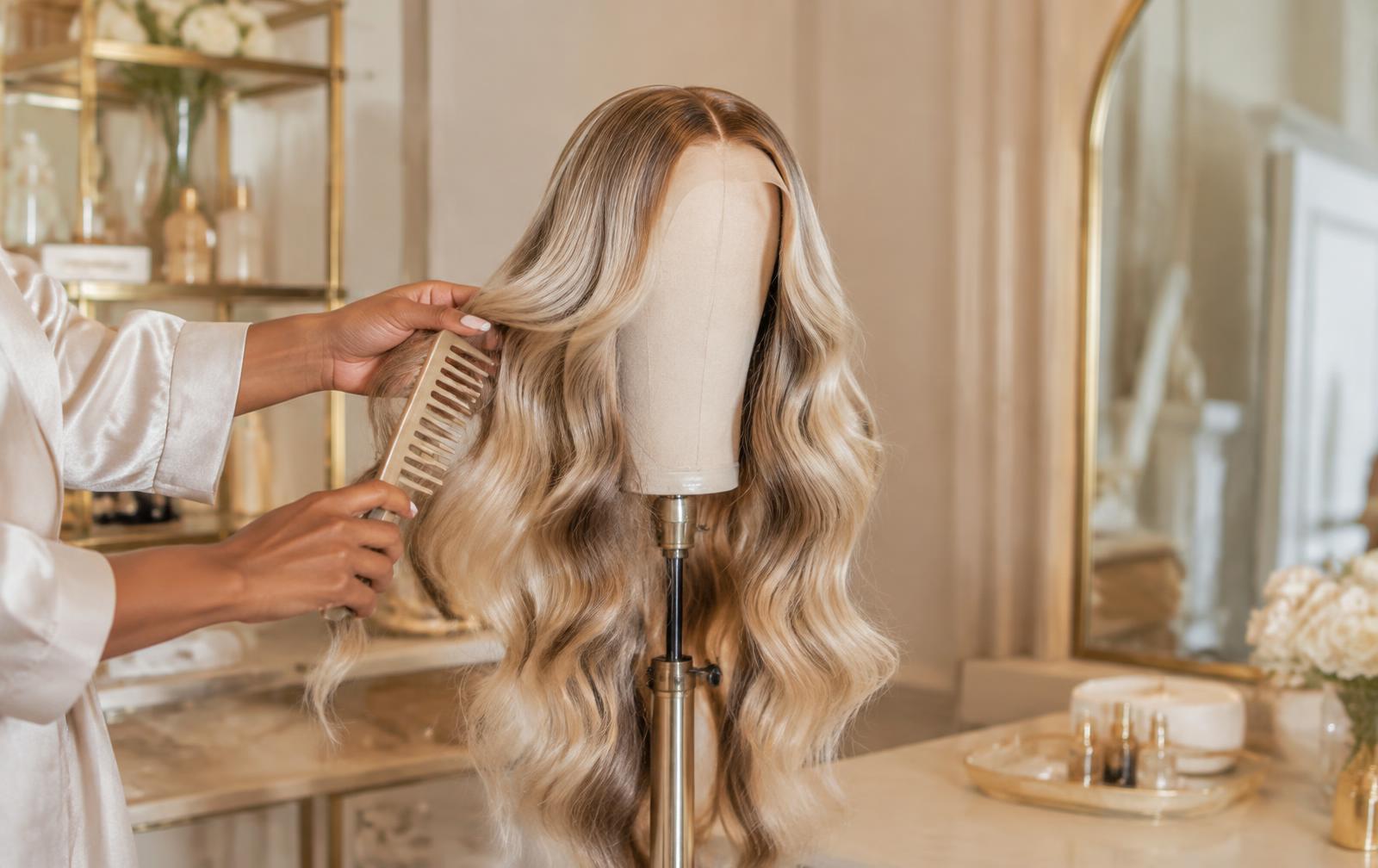 Stylist combing a long wavy wig on a mannequin in a bright studio